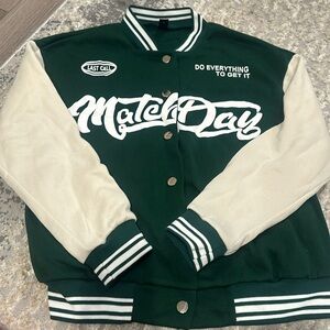 medium cream and green varsity jacket
